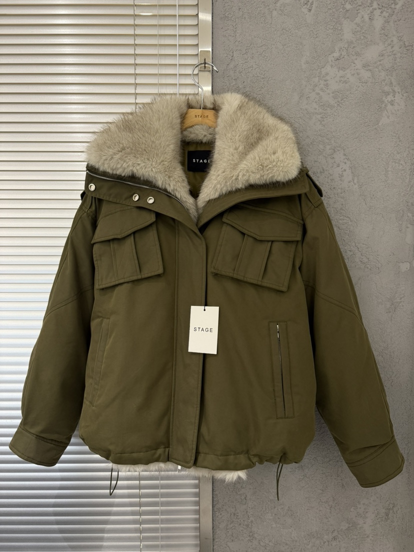 STAGE韓國直郵26秋冬寬松毛領工裝短款棉服抽繩寬松STAGE短款棉服圖色2