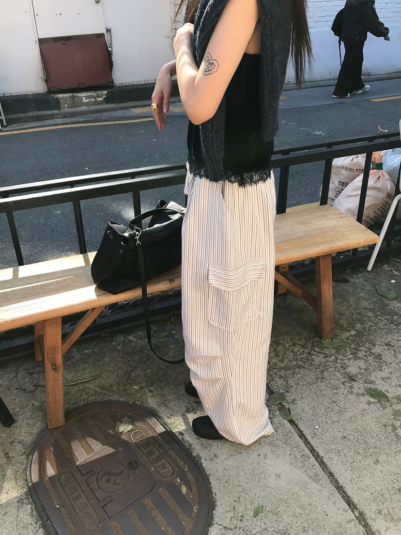 ESCHER東大門實拍26秋冬條紋工裝休閑褲口袋工裝加絨抽繩褶皺ESCHER休閑褲