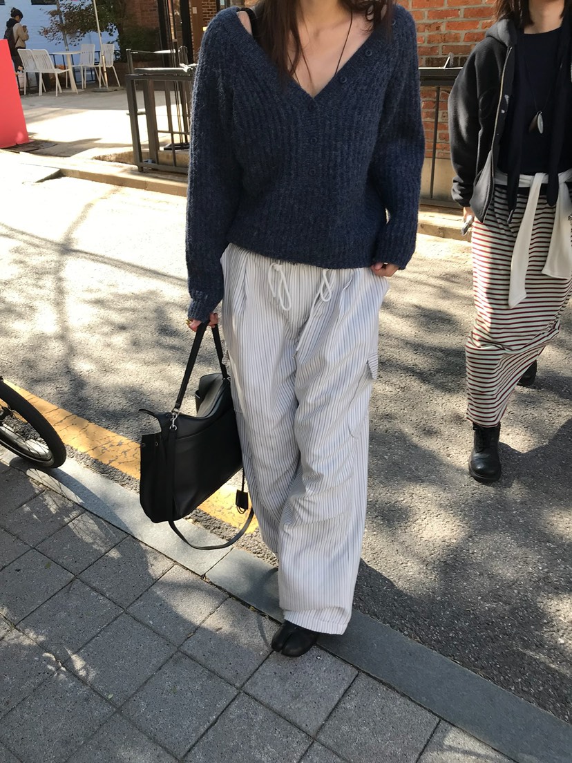 ESCHER東大門實拍26秋冬條紋工裝休閑褲口袋工裝加絨抽繩褶皺ESCHER休閑褲