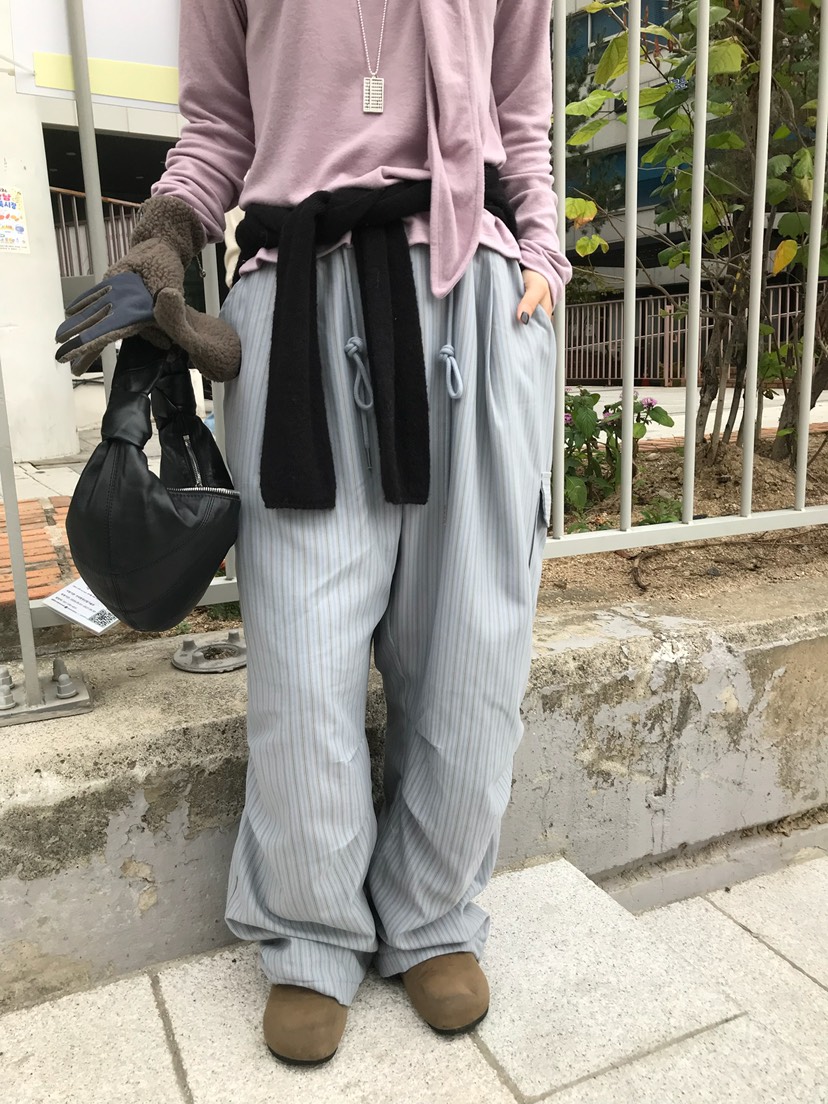ESCHER東大門實拍26秋冬條紋工裝休閑褲口袋工裝加絨抽繩褶皺ESCHER休閑褲