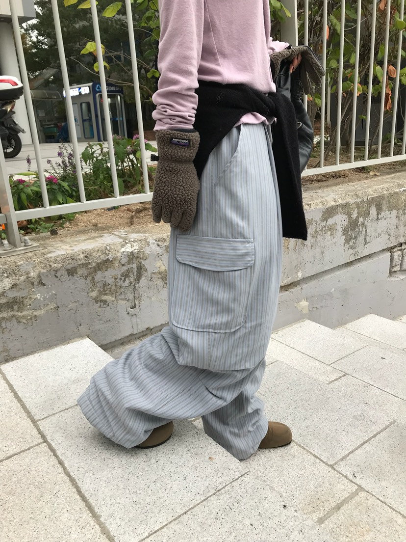 ESCHER東大門實拍26秋冬條紋工裝休閑褲口袋工裝加絨抽繩褶皺ESCHER休閑褲
