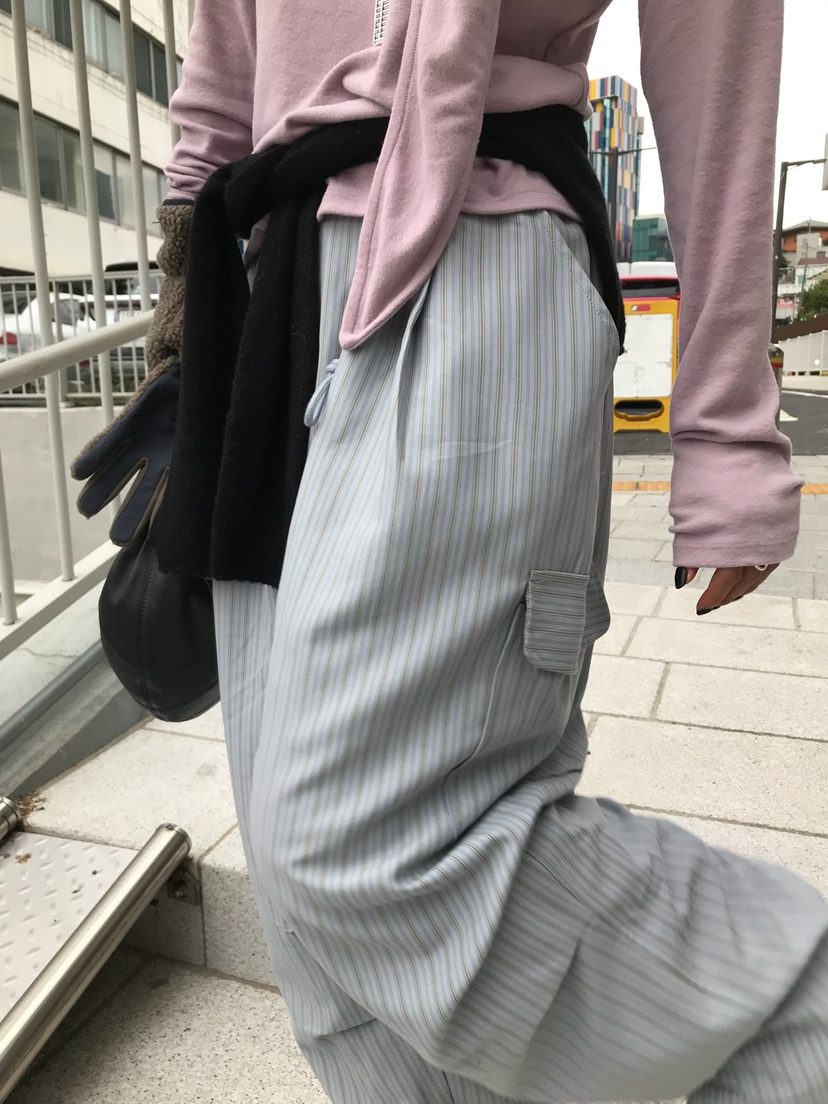 ESCHER東大門實拍26秋冬條紋工裝休閑褲口袋工裝加絨抽繩褶皺ESCHER休閑褲
