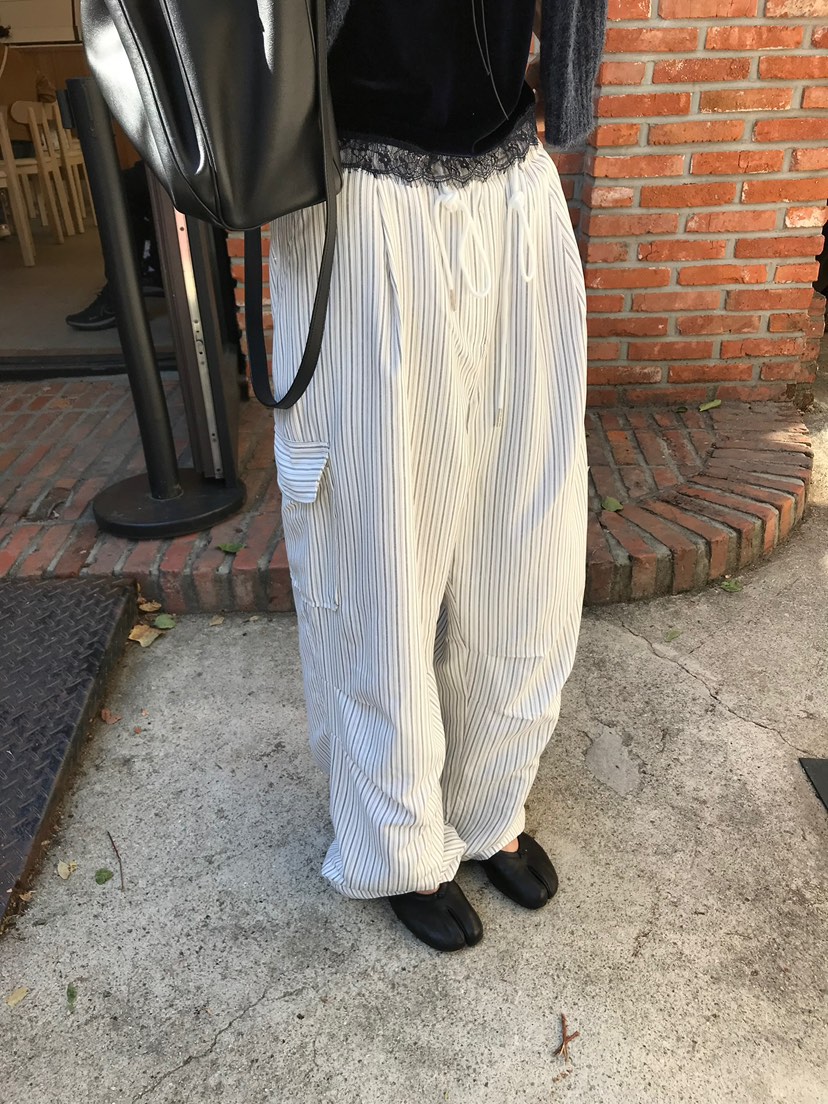 ESCHER東大門實拍26秋冬條紋工裝休閑褲口袋工裝加絨抽繩褶皺ESCHER休閑褲圖色2