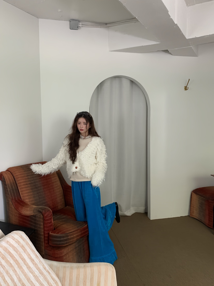 Maison de glory韓國直郵26秋冬短款毛絨開衫單排扣V領毛絨短Maison de glory開衫