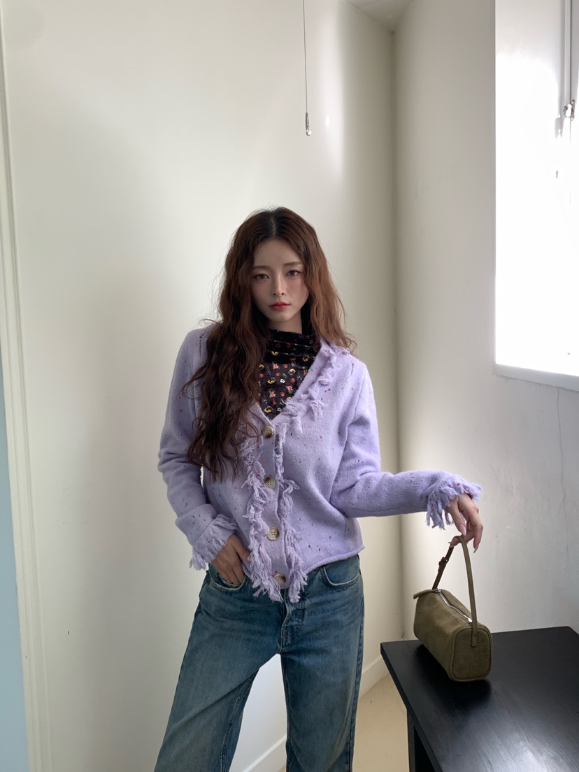 Maison de glory韓國代購26秋冬流蘇彩點開衫V領流蘇開衫Maison de glory開衫