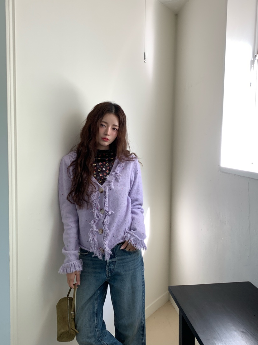 Maison de glory韓國代購26秋冬流蘇彩點開衫V領流蘇開衫Maison de glory開衫