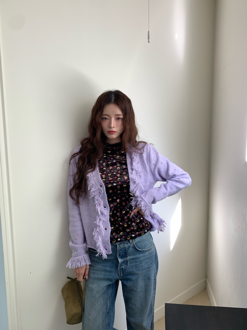 Maison de glory韓國代購26秋冬流蘇彩點開衫V領流蘇開衫Maison de glory開衫