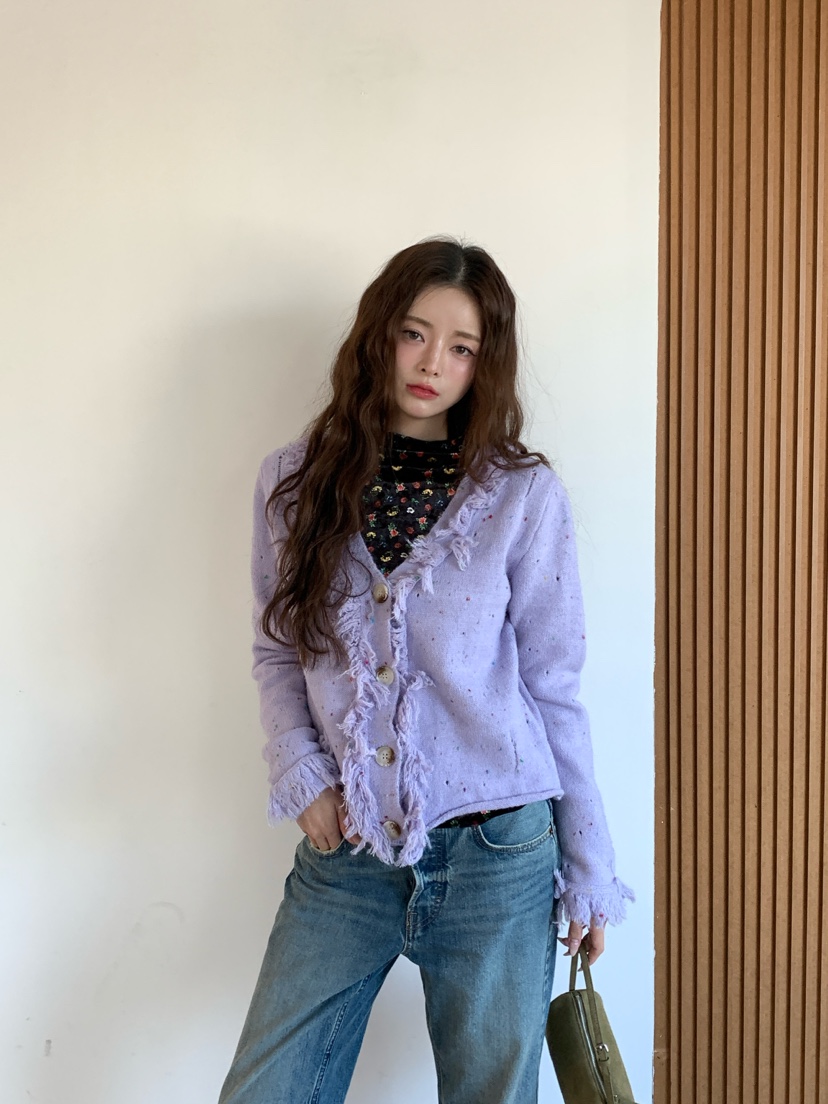 Maison de glory韓國代購26秋冬流蘇彩點開衫V領流蘇開衫Maison de glory開衫