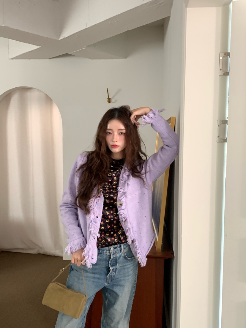 Maison de glory韓國代購26秋冬流蘇彩點開衫V領流蘇開衫Maison de glory開衫