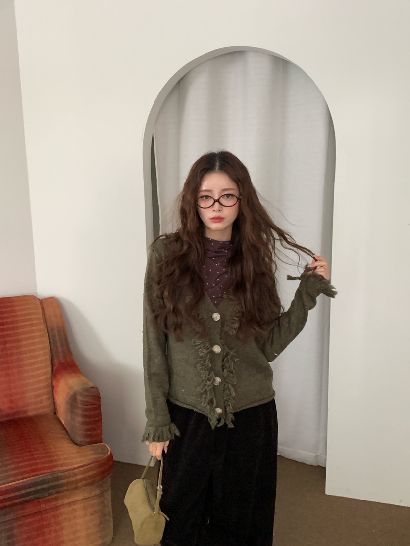 Maison de glory韓國代購26秋冬流蘇彩點開衫V領流蘇開衫Maison de glory開衫