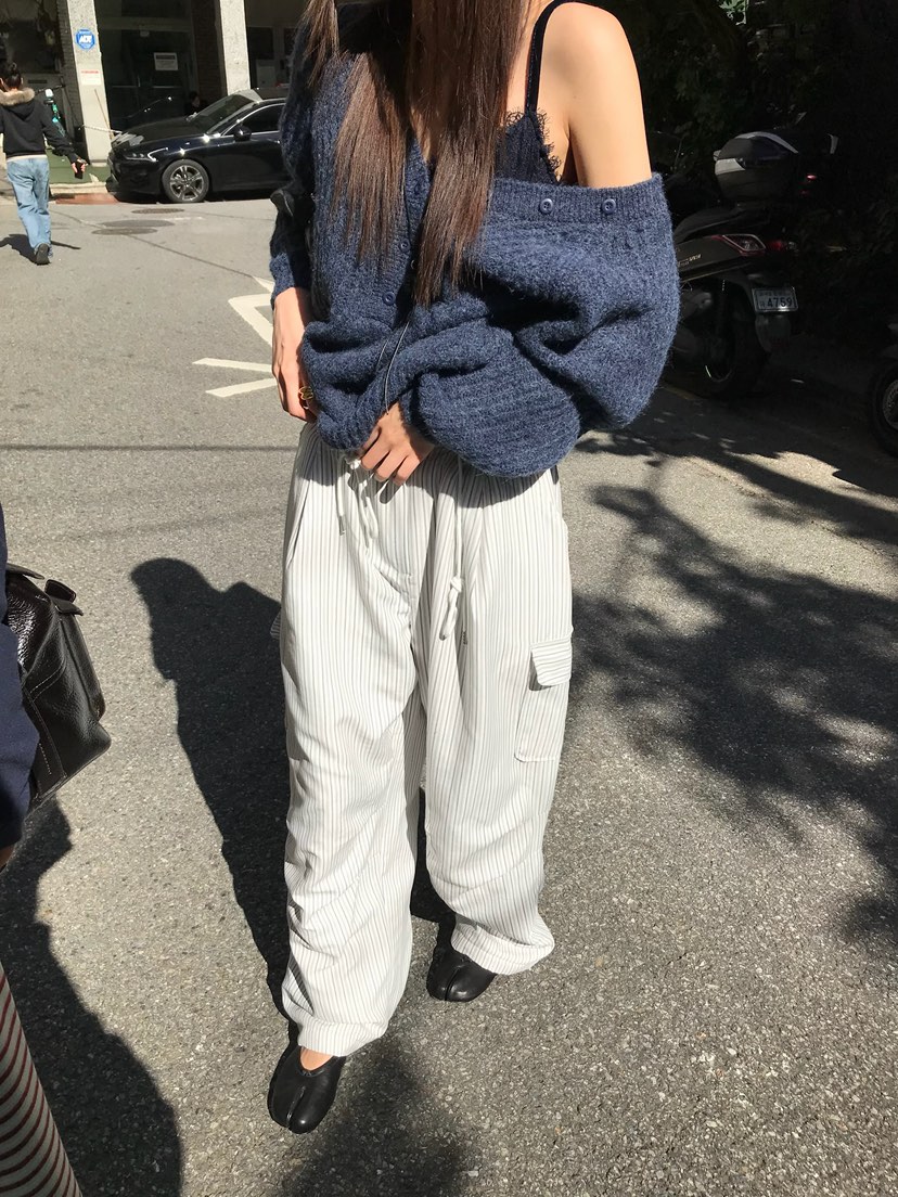 ESCHER韓國直郵26秋冬V領半開襟針織衫V領口開襟條紋ESCHER針織衫
