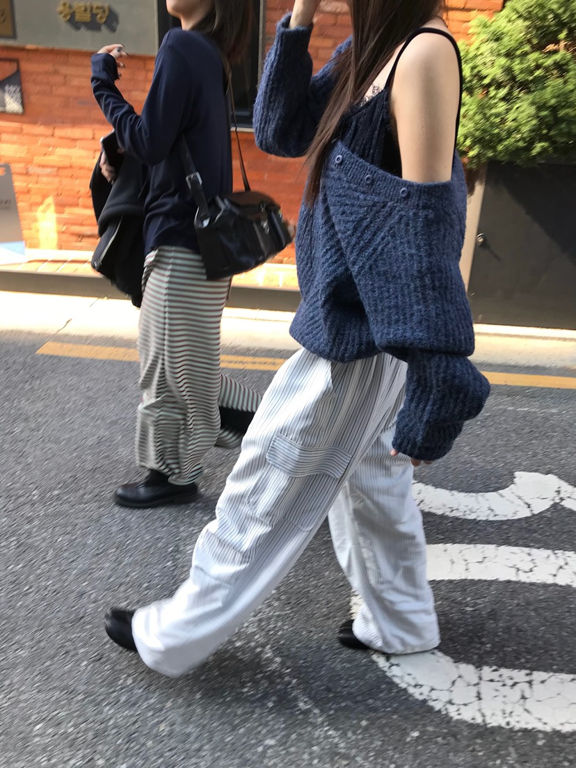 ESCHER韓國直郵26秋冬V領半開襟針織衫V領口開襟條紋ESCHER針織衫
