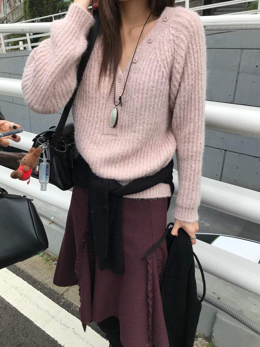 ESCHER韓國直郵26秋冬V領半開襟針織衫V領口開襟條紋ESCHER針織衫