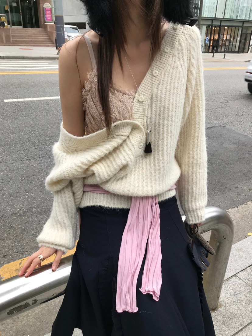 ESCHER韓國直郵26秋冬V領半開襟針織衫V領口開襟條紋ESCHER針織衫