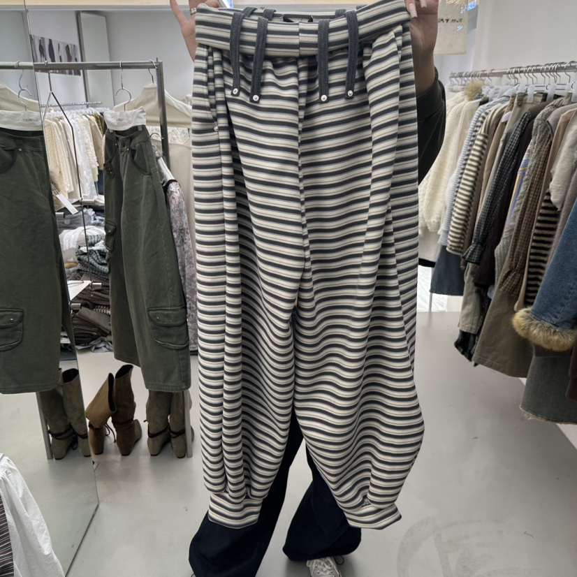 R U VAULT韓國代購26秋冬條紋束腳休閑褲 加絨款抽繩高腰R U VAULT休閑褲