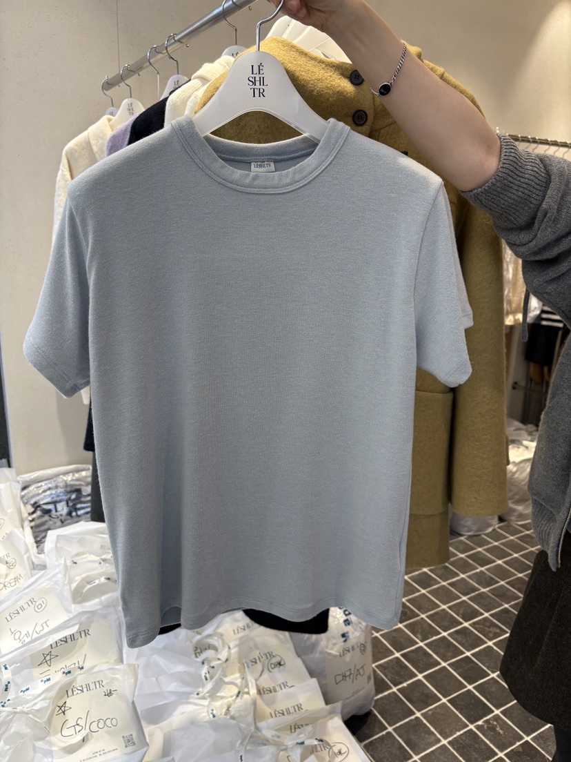LESHLTR/CREAM韓國直郵26秋冬簡約圓領基礎短袖T恤圓領寬松LESHLTR/CREAMT恤圖色4淺藍色