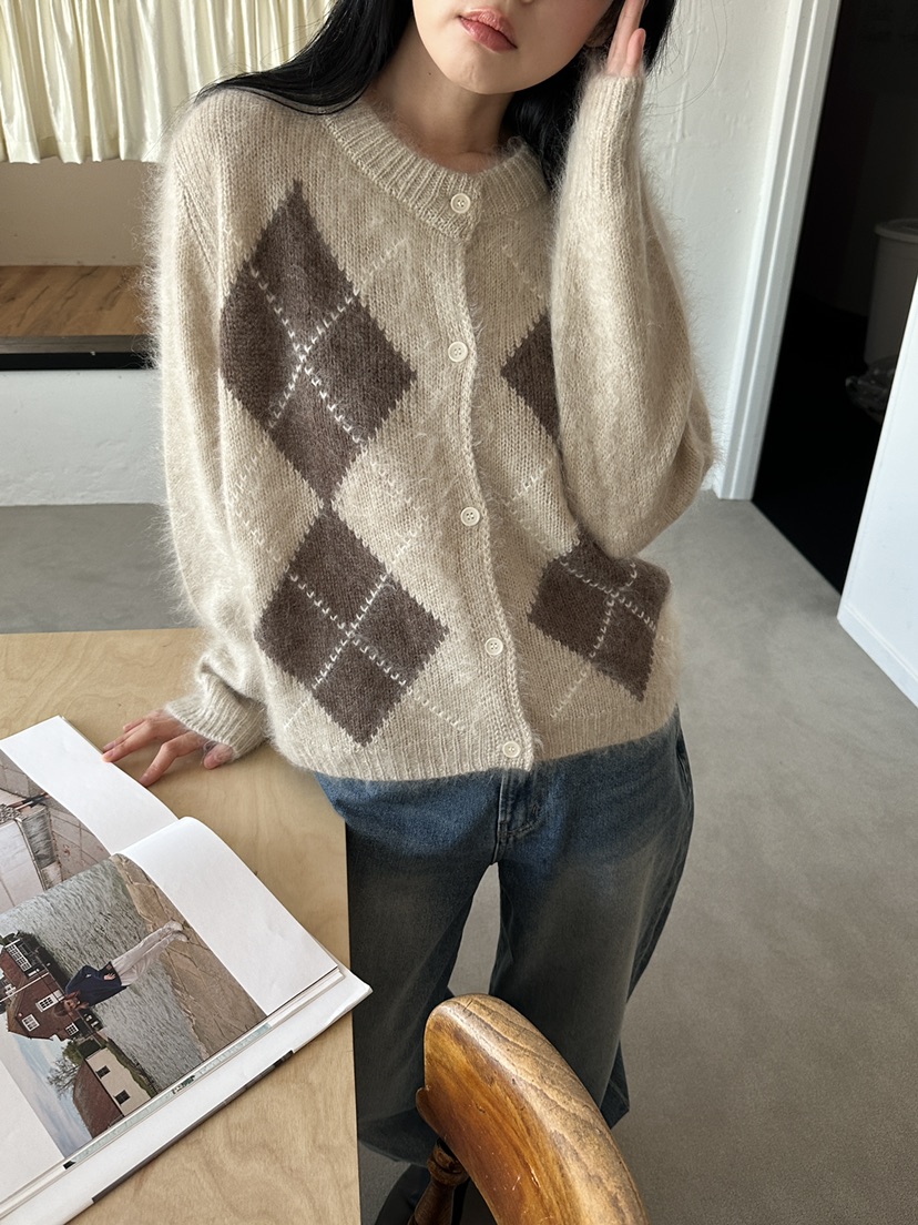 BOHEME_NDE東大門直郵26秋冬復古菱格針織開衫單排扣開襟衫落BOHEME_NDE開衫