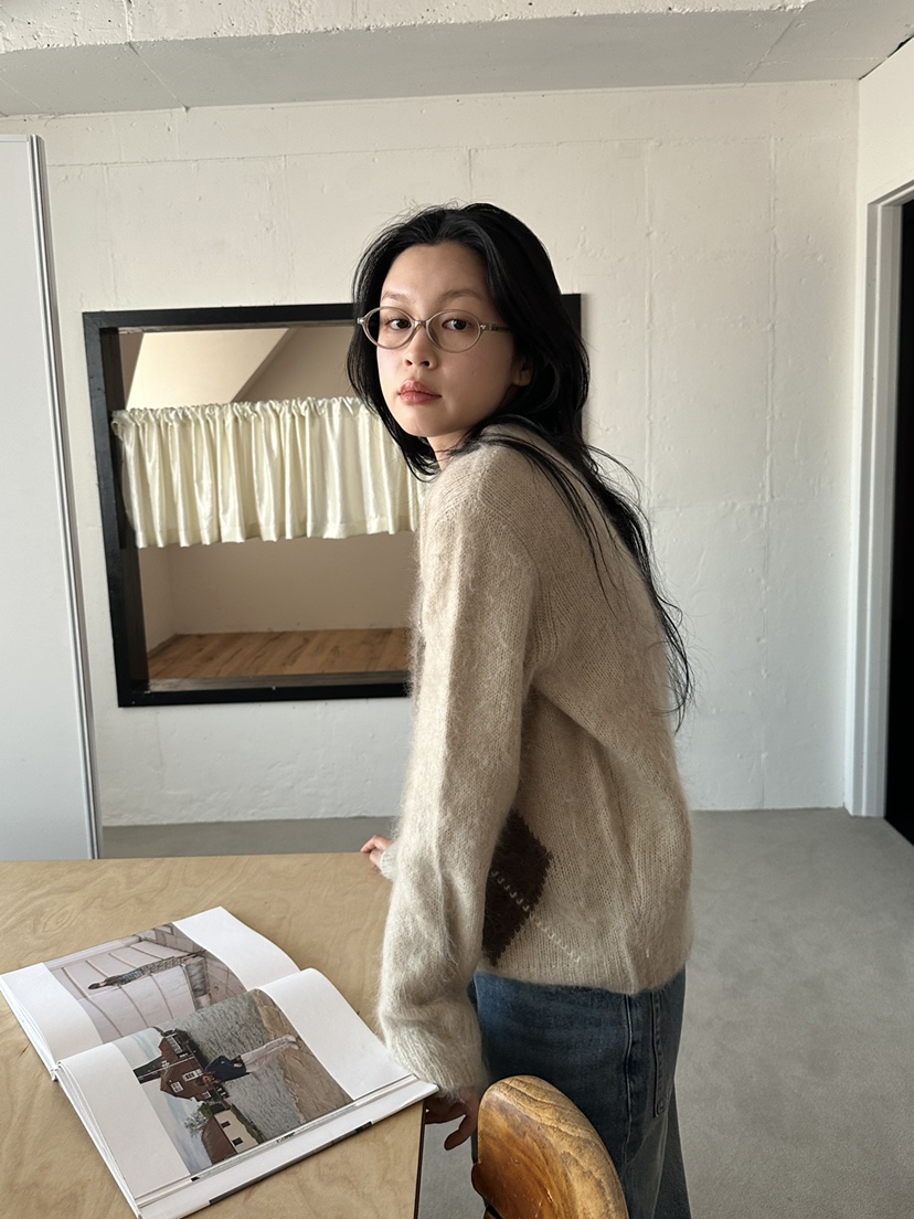 BOHEME_NDE東大門直郵26秋冬復古菱格針織開衫單排扣開襟衫落BOHEME_NDE開衫