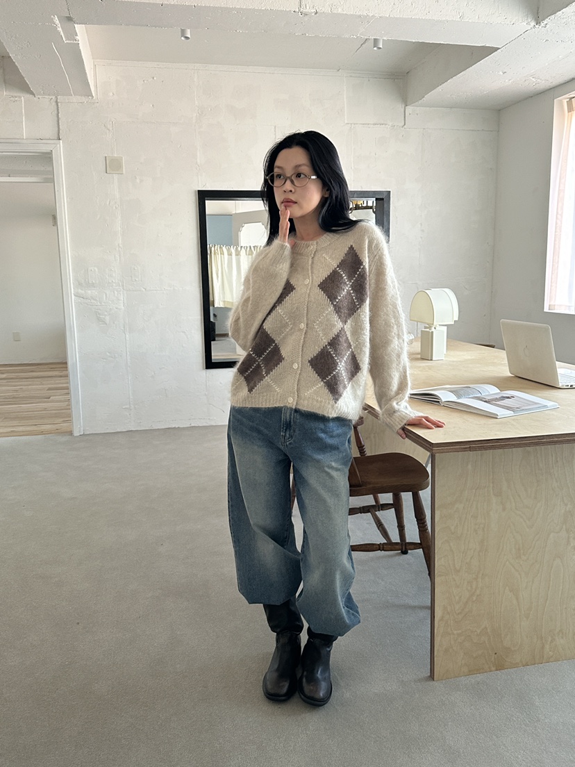 BOHEME_NDE東大門直郵26秋冬復古菱格針織開衫單排扣開襟衫落BOHEME_NDE開衫