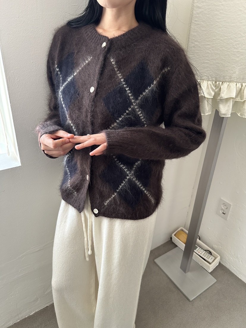 BOHEME_NDE東大門直郵26秋冬復古菱格針織開衫單排扣開襟衫落BOHEME_NDE開衫