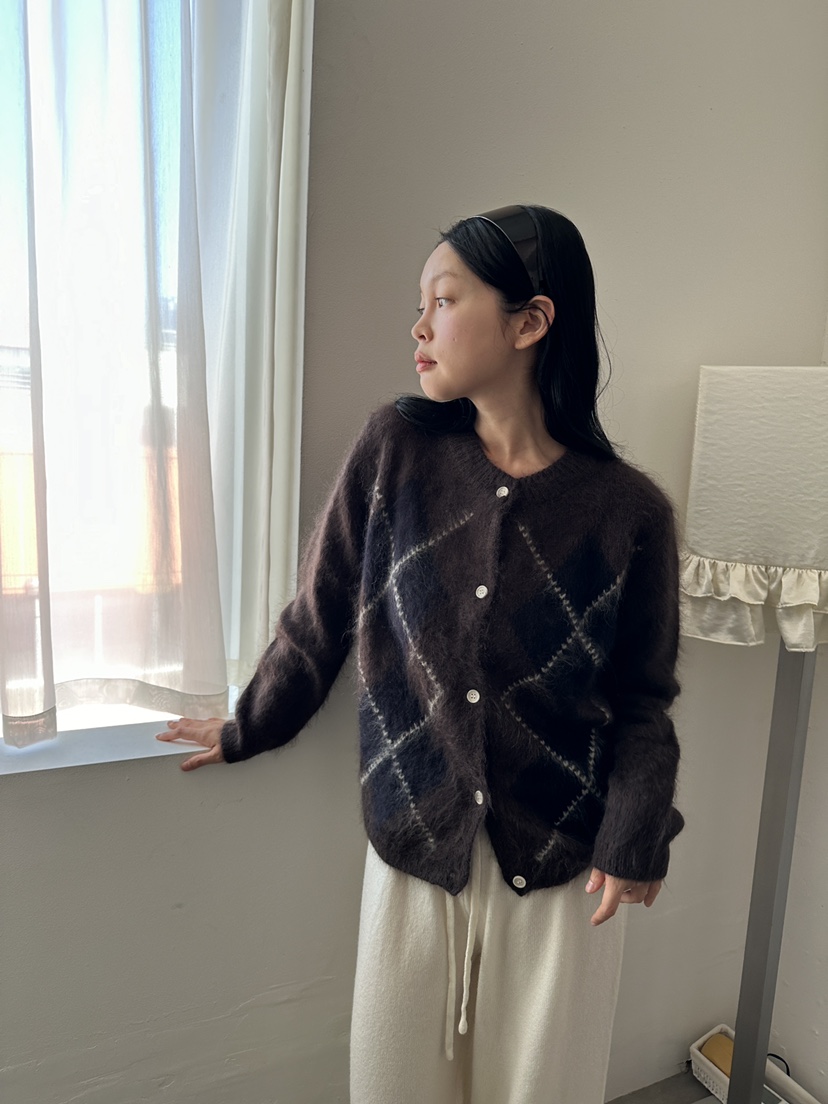 BOHEME_NDE東大門直郵26秋冬復古菱格針織開衫單排扣開襟衫落BOHEME_NDE開衫