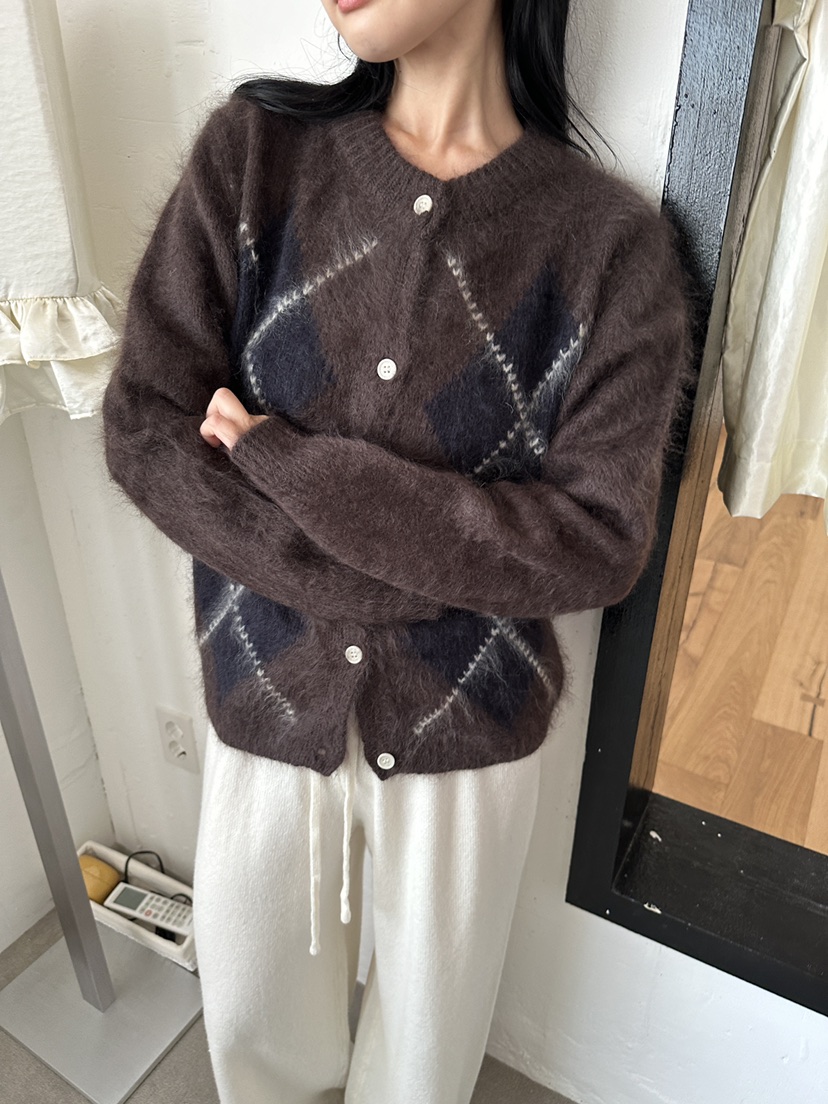 BOHEME_NDE東大門直郵26秋冬復古菱格針織開衫單排扣開襟衫落BOHEME_NDE開衫圖色2