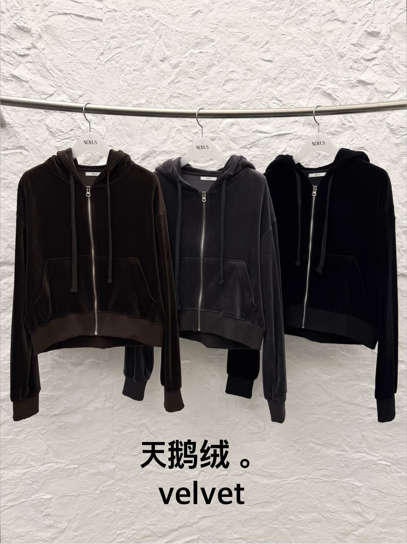 NOVUS韓國代購26秋冬絲絨連帽拉鏈衛衣拉鏈開合連帽衫口袋絲絨NOVUS衛衣