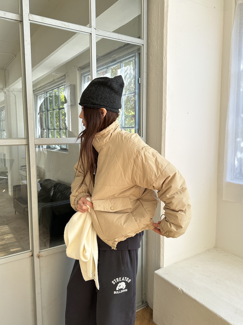 UNBOUND東大門實拍26秋冬短款格紋羽絨外套短款羽絨服拉鏈開合UNBOUND短款羽絨服