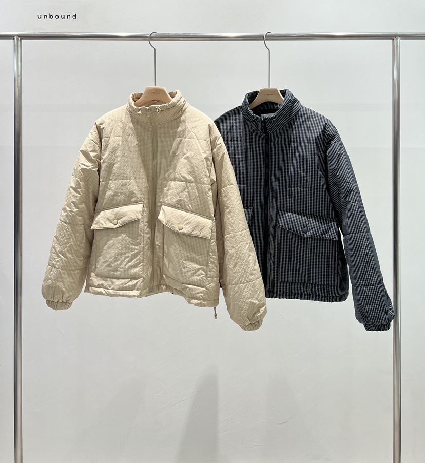 UNBOUND東大門實拍26秋冬短款格紋羽絨外套短款羽絨服拉鏈開合UNBOUND短款羽絨服