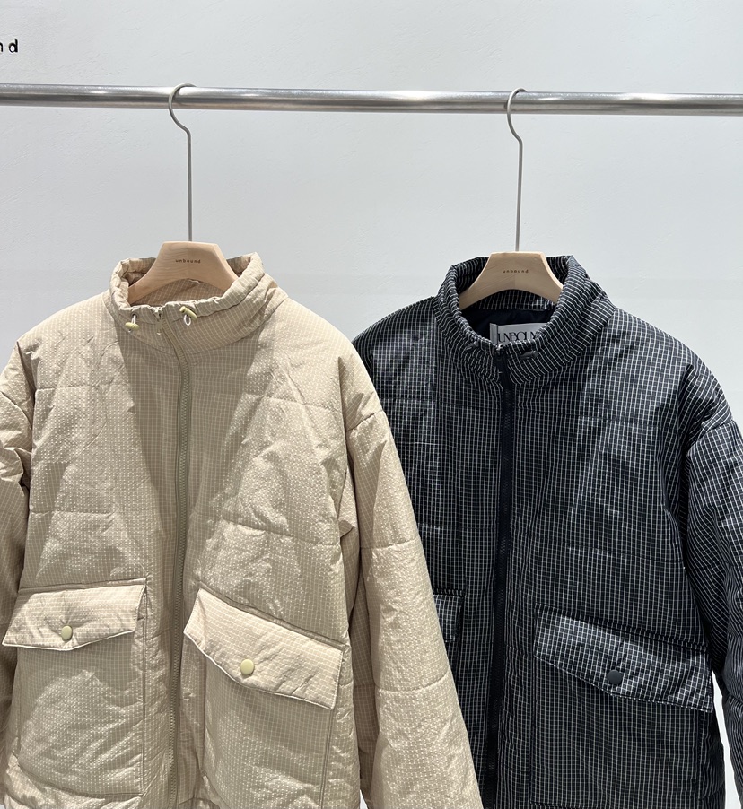 UNBOUND東大門實拍26秋冬短款格紋羽絨外套短款羽絨服拉鏈開合UNBOUND短款羽絨服