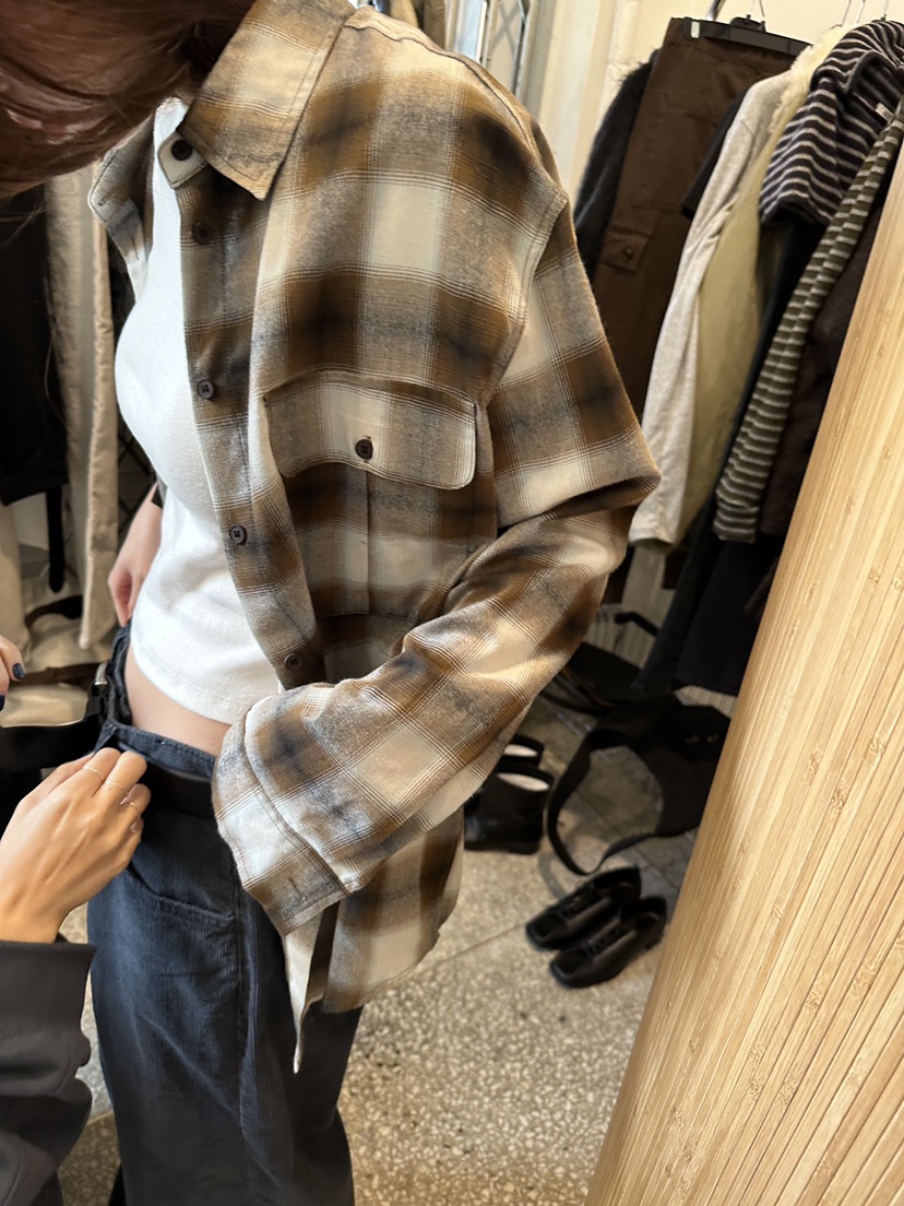 UNBOUND韓國代購26秋冬寬松格紋長袖襯衫蕾絲衫翻領寬松UNBOUND襯衫/蕾絲衫
