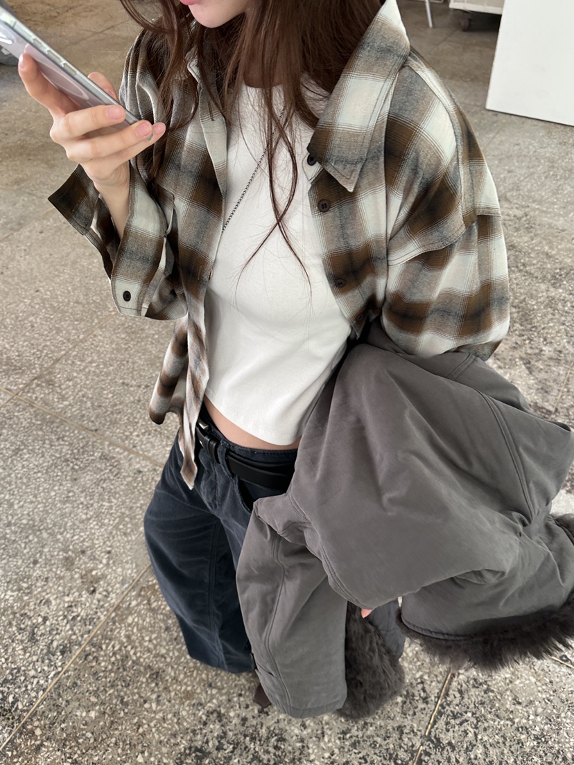 UNBOUND韓國代購26秋冬寬松格紋長袖襯衫蕾絲衫翻領寬松UNBOUND襯衫/蕾絲衫