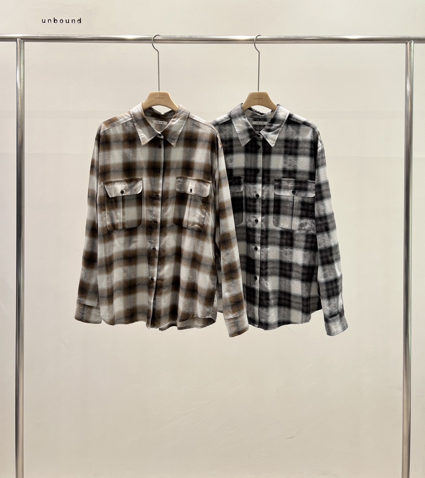 UNBOUND韓國代購26秋冬寬松格紋長袖襯衫蕾絲衫翻領寬松UNBOUND襯衫/蕾絲衫