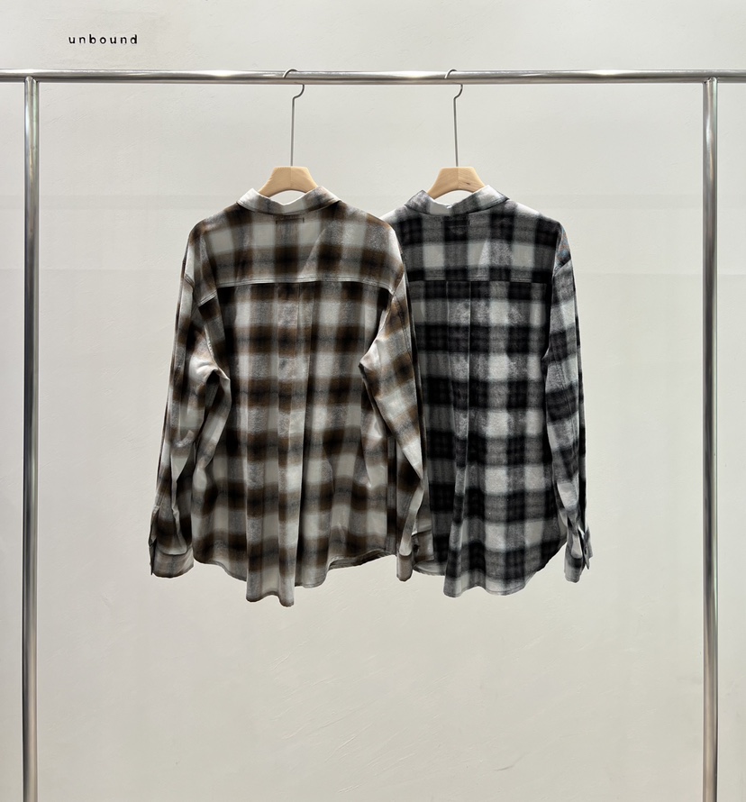UNBOUND韓國代購26秋冬寬松格紋長袖襯衫蕾絲衫翻領寬松UNBOUND襯衫/蕾絲衫