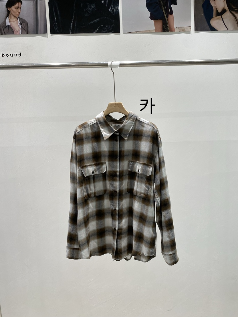 UNBOUND韓國代購26秋冬寬松格紋長袖襯衫蕾絲衫翻領寬松UNBOUND襯衫/蕾絲衫圖色1