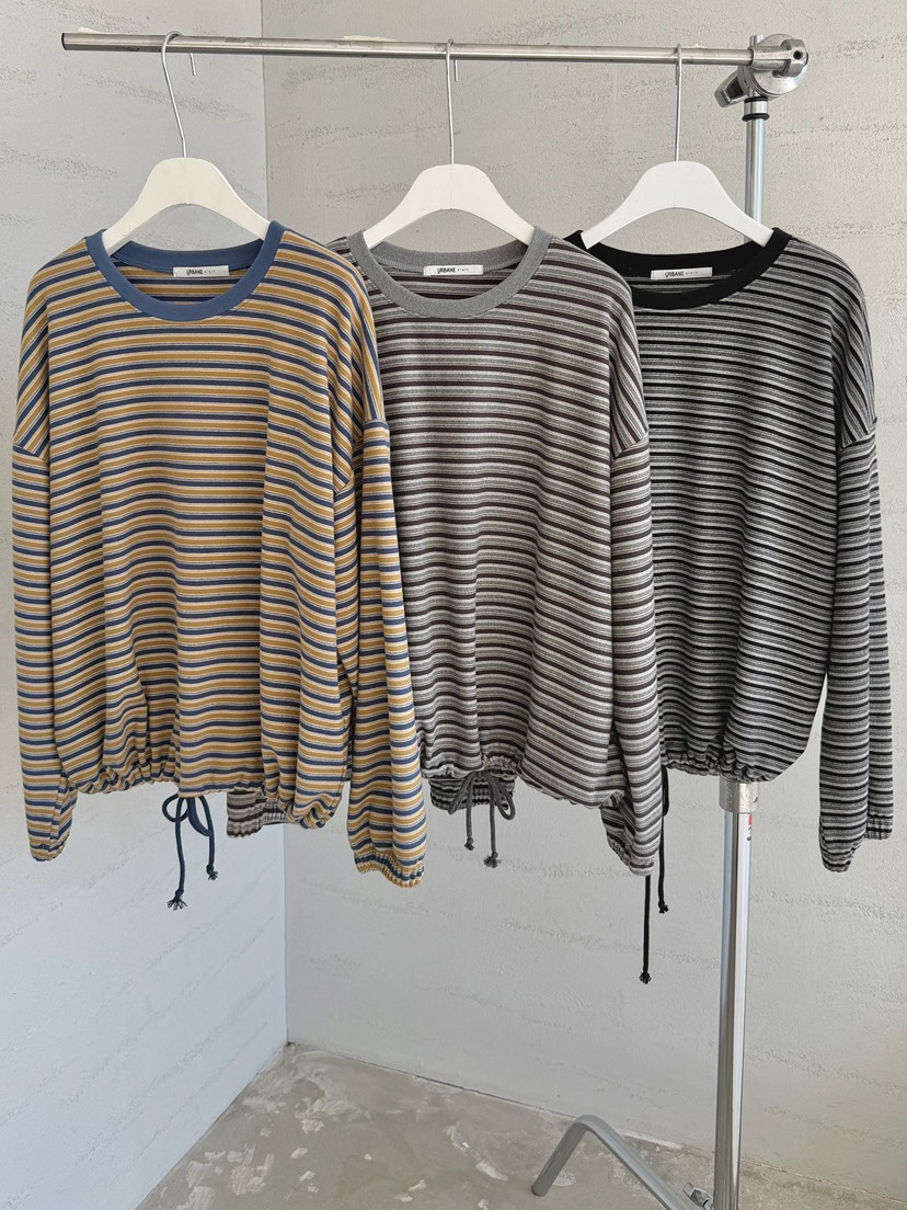 URBANE cloth東大門直郵26秋冬抽繩下擺條紋長袖T恤抽繩落肩URBANE cloth長袖T恤