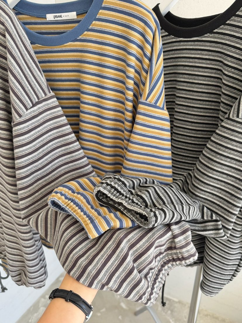 URBANE cloth東大門直郵26秋冬抽繩下擺條紋長袖T恤抽繩落肩URBANE cloth長袖T恤