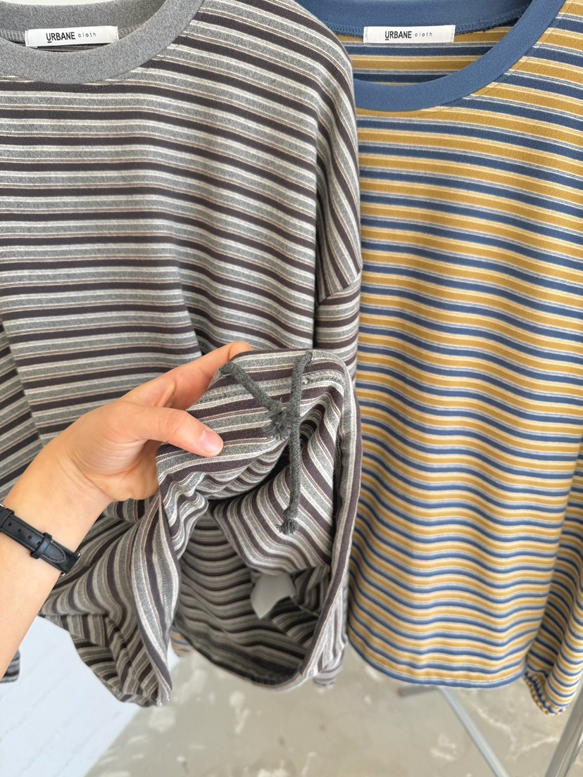 URBANE cloth東大門直郵26秋冬抽繩下擺條紋長袖T恤抽繩落肩URBANE cloth長袖T恤
