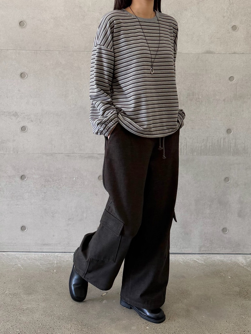 URBANE cloth東大門直郵26秋冬抽繩下擺條紋長袖T恤抽繩落肩URBANE cloth長袖T恤