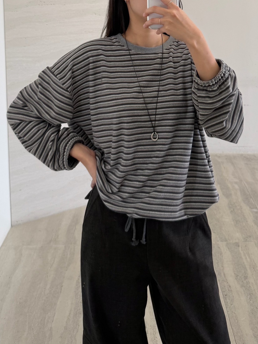 URBANE cloth東大門直郵26秋冬抽繩下擺條紋長袖T恤抽繩落肩URBANE cloth長袖T恤