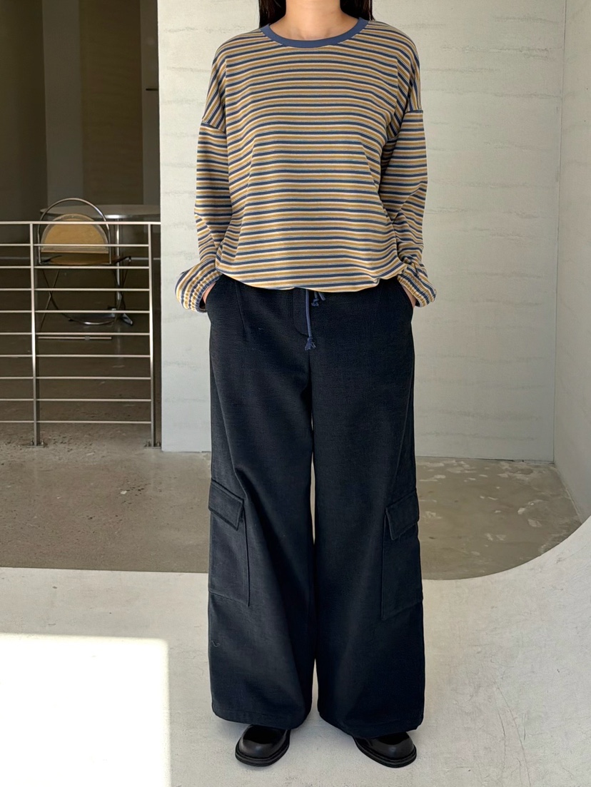 URBANE cloth東大門直郵26秋冬抽繩下擺條紋長袖T恤抽繩落肩URBANE cloth長袖T恤
