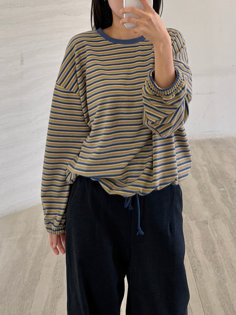 URBANE cloth東大門直郵26秋冬抽繩下擺條紋長袖T恤抽繩落肩URBANE cloth長袖T恤