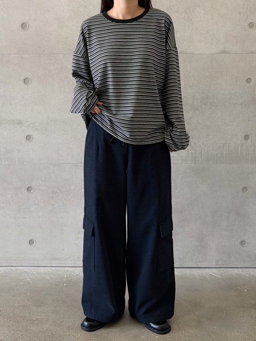 URBANE cloth東大門直郵26秋冬抽繩下擺條紋長袖T恤抽繩落肩URBANE cloth長袖T恤