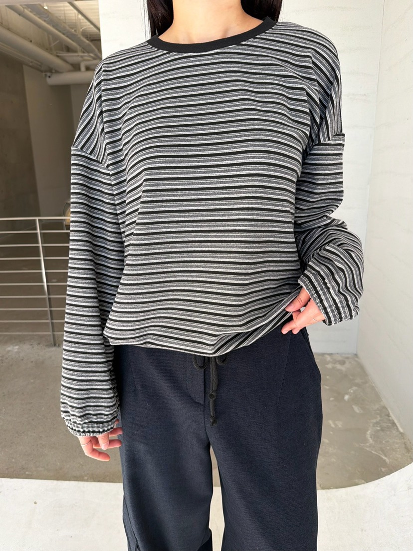 URBANE cloth東大門直郵26秋冬抽繩下擺條紋長袖T恤抽繩落肩URBANE cloth長袖T恤