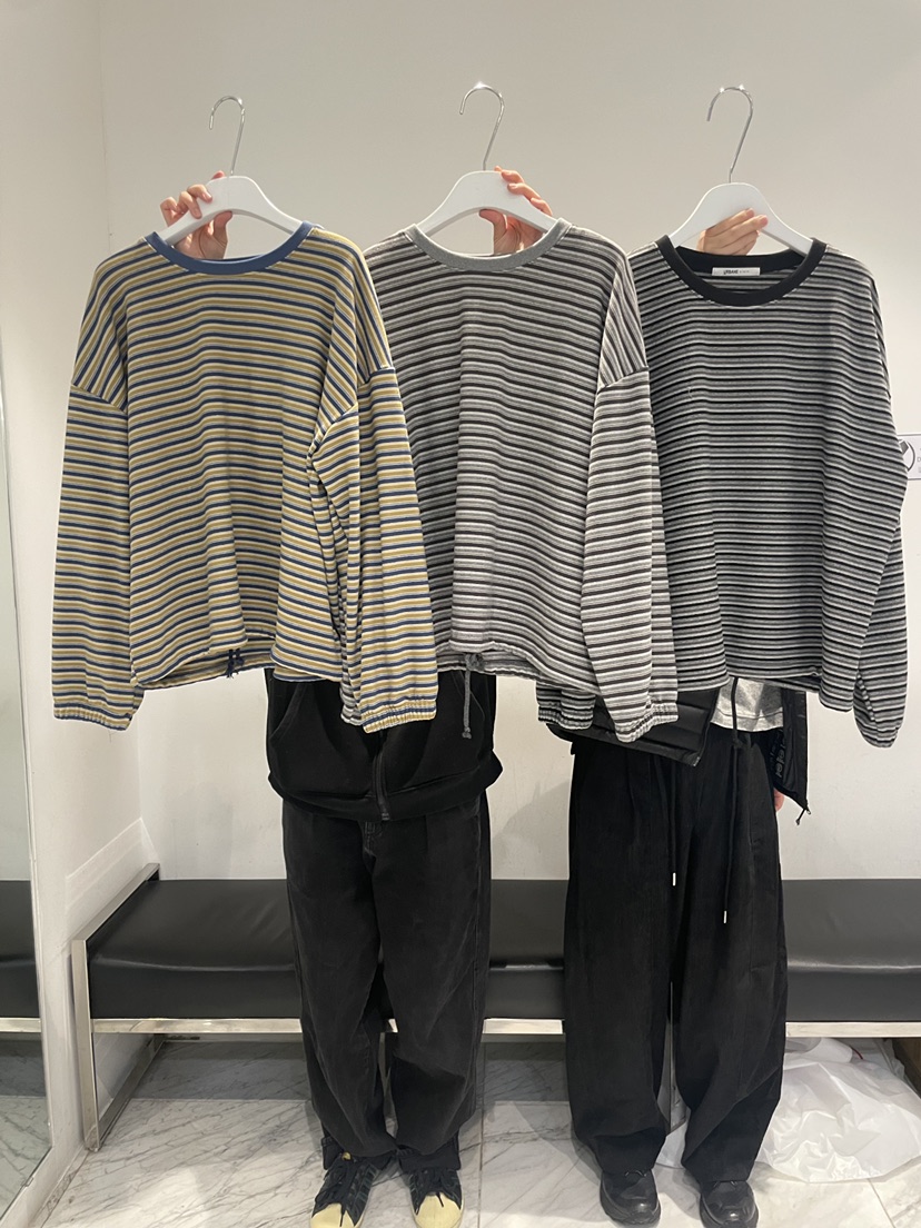 URBANE cloth東大門直郵26秋冬抽繩下擺條紋長袖T恤抽繩落肩URBANE cloth長袖T恤