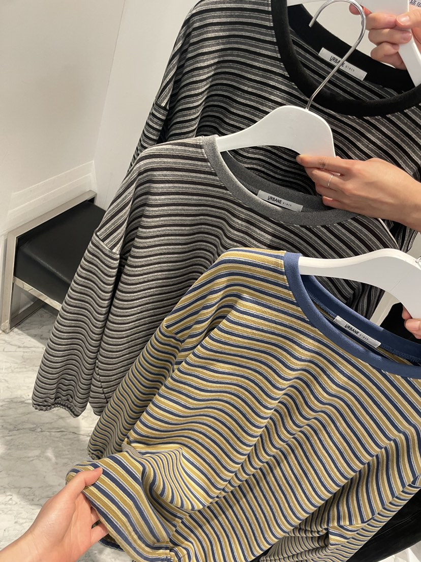URBANE cloth東大門直郵26秋冬抽繩下擺條紋長袖T恤抽繩落肩URBANE cloth長袖T恤