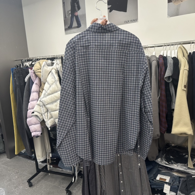 OURWAVE/OUR ROOM東大門代購26秋冬寬松格紋襯衫蕾絲衫單排扣OURWAVE/OUR ROOM襯衫/蕾絲衫