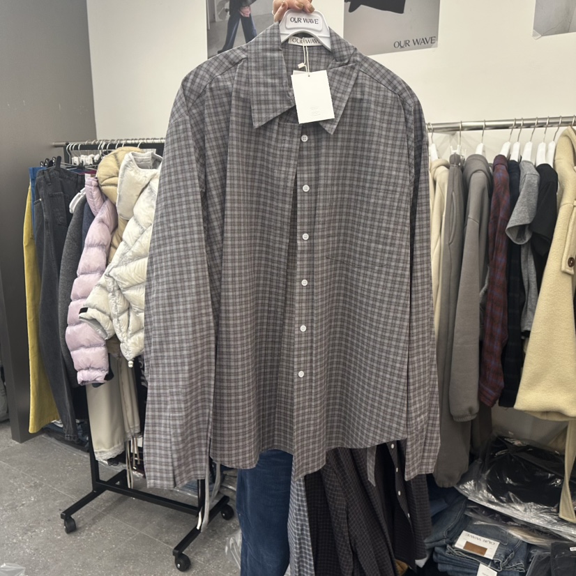 OURWAVE/OUR ROOM東大門代購26秋冬寬松格紋襯衫蕾絲衫單排扣OURWAVE/OUR ROOM襯衫/蕾絲衫圖色1灰色