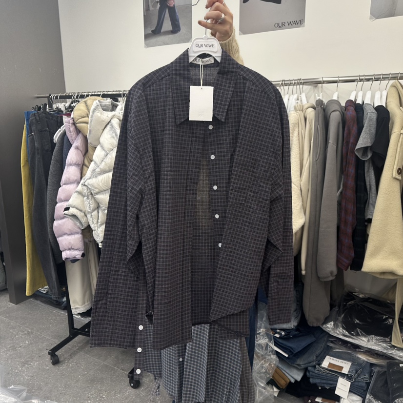 OURWAVE/OUR ROOM東大門代購26秋冬寬松格紋襯衫蕾絲衫單排扣OURWAVE/OUR ROOM襯衫/蕾絲衫圖色2深藍色