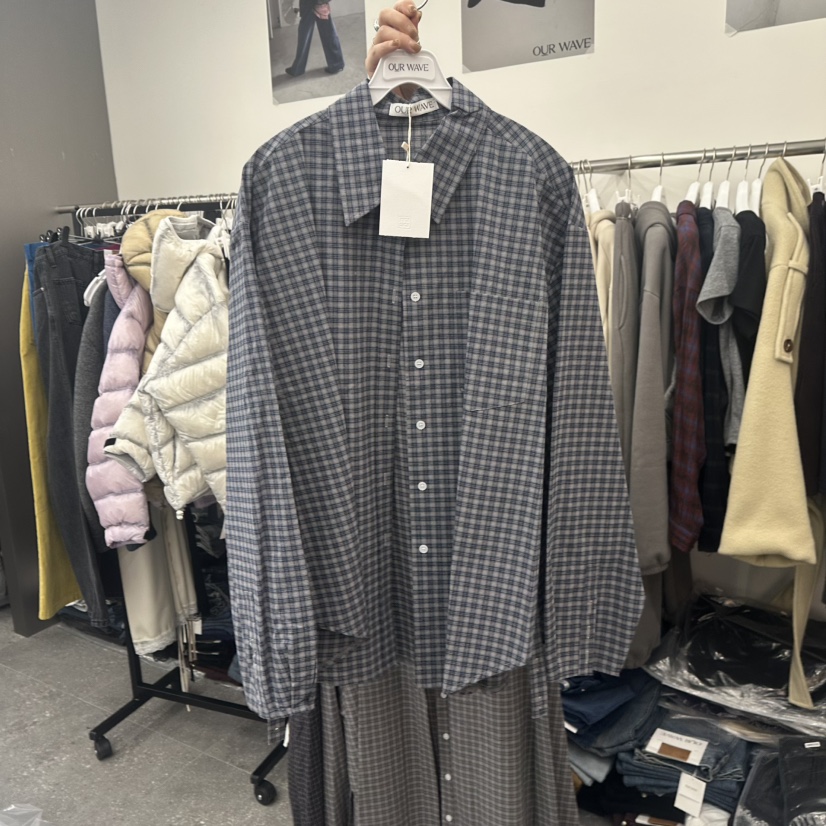 OURWAVE/OUR ROOM東大門代購26秋冬寬松格紋襯衫蕾絲衫單排扣OURWAVE/OUR ROOM襯衫/蕾絲衫圖色3藍色